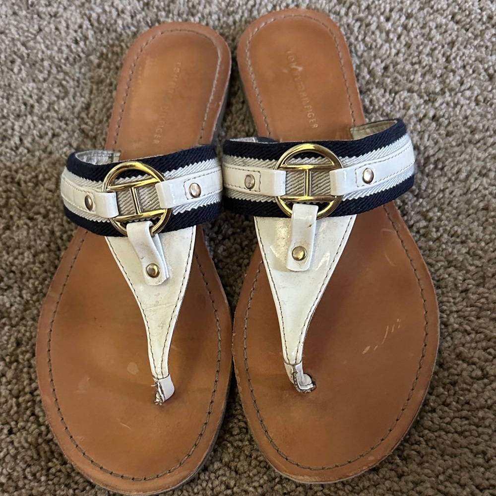 Tommy Hilfiger Black and White Sandals with Gold Accent